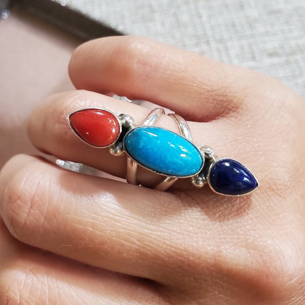 Navajo D. Livingston Sterling Turquoise Lapis Coral Ring